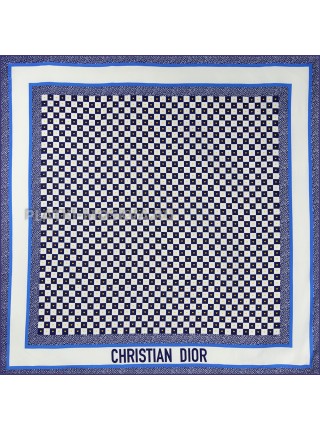 Платок Dior шелковый белый с синим "Chess" 1493-90