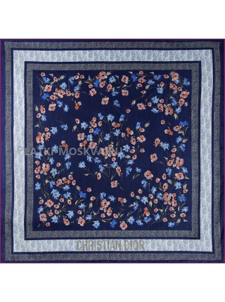 Платок Dior шелковый двухсторонний синий "Flowers" 2716-90