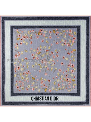 Платок Dior шелковый двухсторонний серый с оранжевым "Flowers" 2721-90
