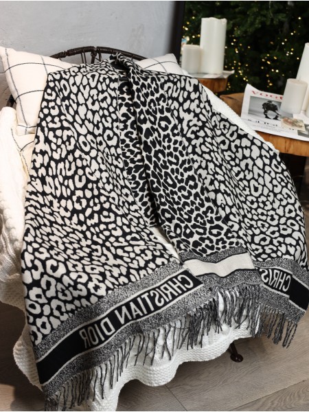 Палантин Dior кашемировый белый с черным "Leopard" 2411