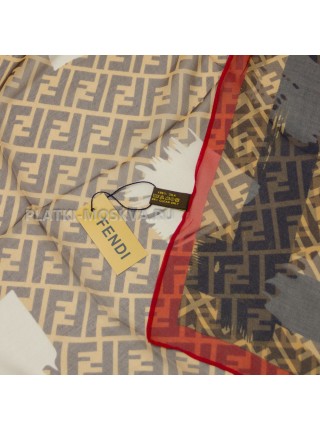 Платок Fendi шелковый бежевый с черный и красным "Monogram"