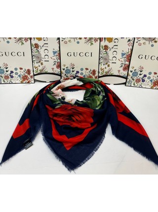 Платок Gucci кашемировый синий с красным "Flowers"