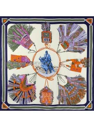 Платок Hermes шелковый синий с белым "Rouch" 1635-140