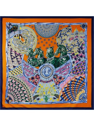 Платок Hermes шелковый оранжевый с синим "Horses" 1640-140
