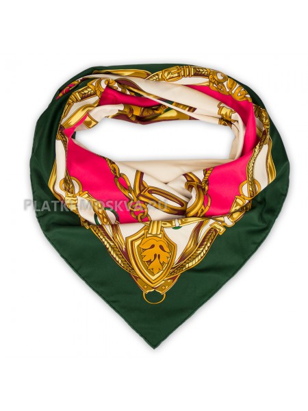 Платок Hermes шелковый бежевый с зеленым "Belts" 2167-140