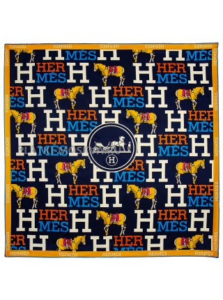 Платок Hermes шелковый темно-синий с оранжевым "Words" 2110-90