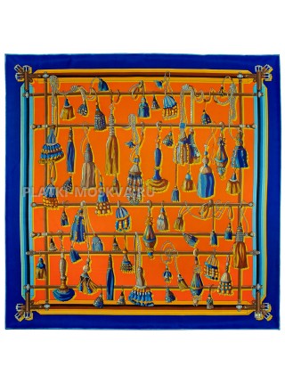 Платок Hermes шелковый синий с оранжевым "Кисточки" 2105-90