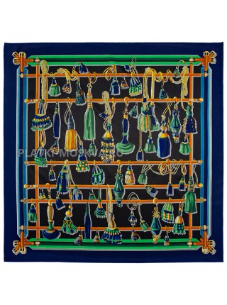 Платок Hermes шелковый синий с черным "Кисточки" 2106-90