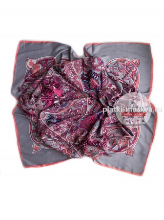 Платок Hermes шелковый серый с розовым узор 343-120