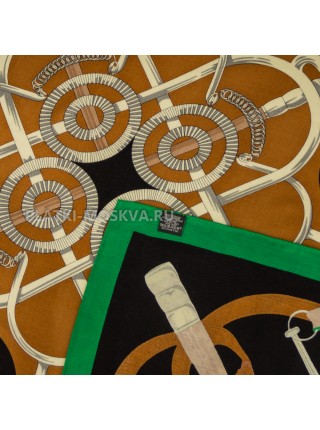 Платок Hermes кашемировый коричневый с зеленым "Chains and Belts" 2334