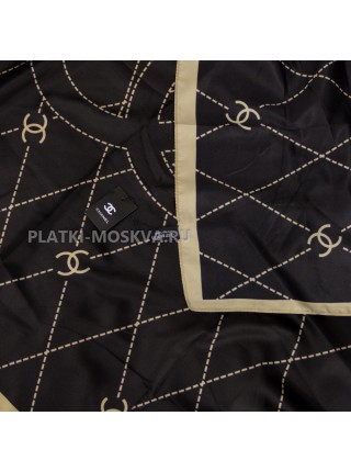 Платок Chanel шелковый черный с бежевым "Logo"