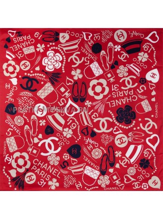Платок Chanel шелковый красный "Shopping" 3186