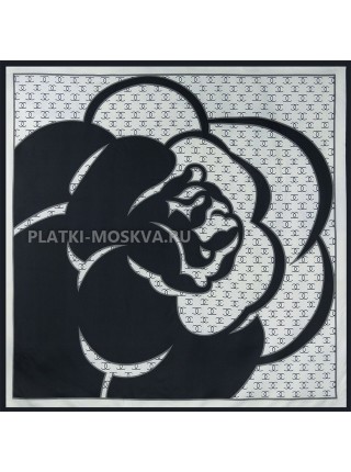 Платок Chanel шелковый белый с черным "Flower" 1481-90