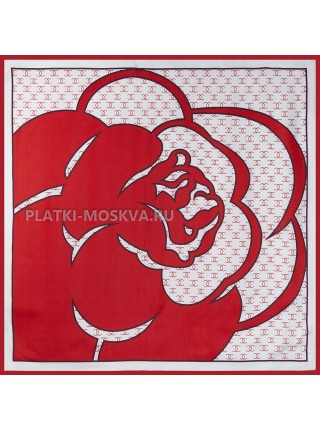 Платок Chanel шелковый белый с красным "Flower" 1476-90