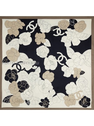 Платок Chanel шелковый черный с бежевым "Цветы" 1451-90