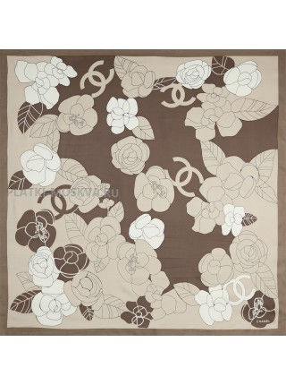Платок Chanel шелковый коричневый "Цветы" 1452-90