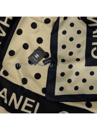 Платок Chanel шелковый черный с бежевым "Peas" 3916