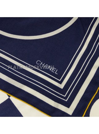 Платок Chanel кашемировый синий с белым "Big Logo" 2338